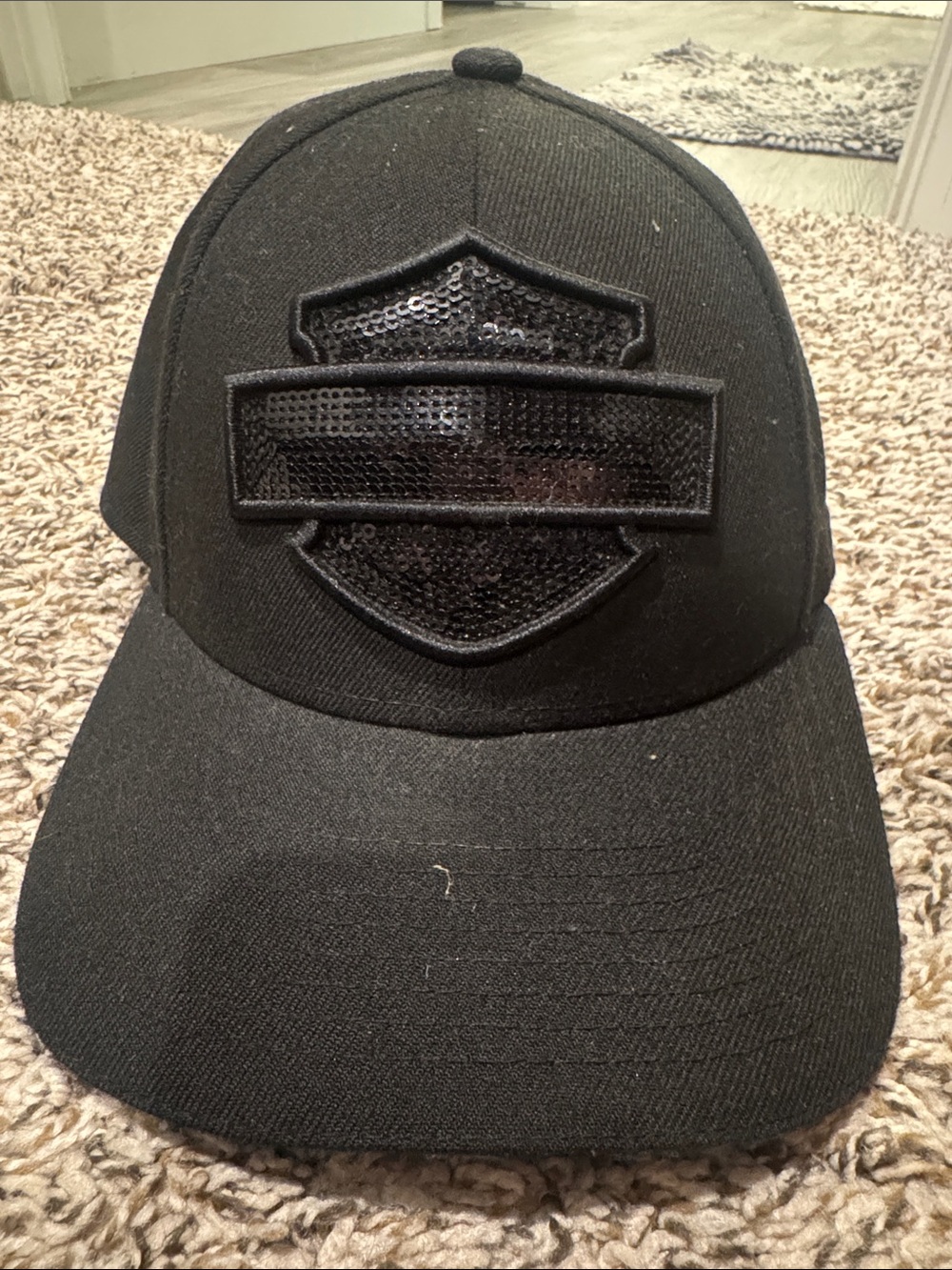 Black Sequin Harley Davidson Patch Baseball Cap
